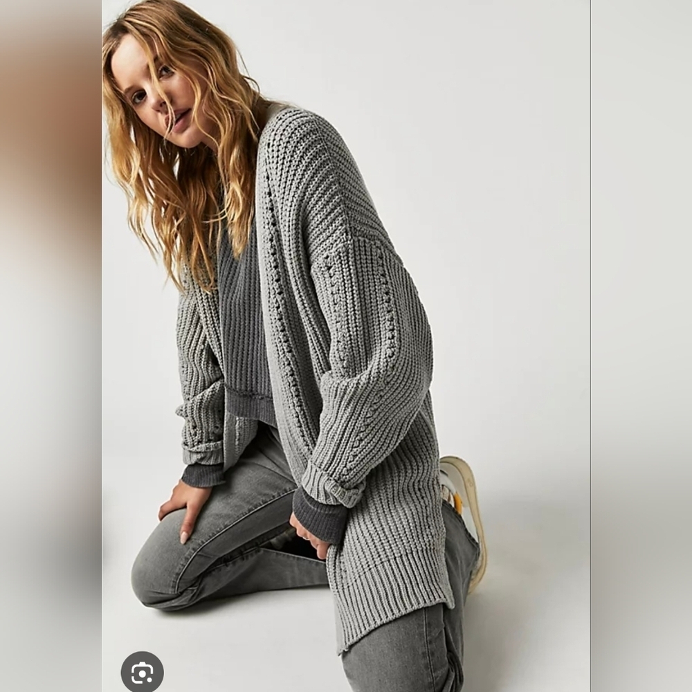 Free People Nightingale Charcoal/Moss Green Open Front Chunky Knit Cardigan